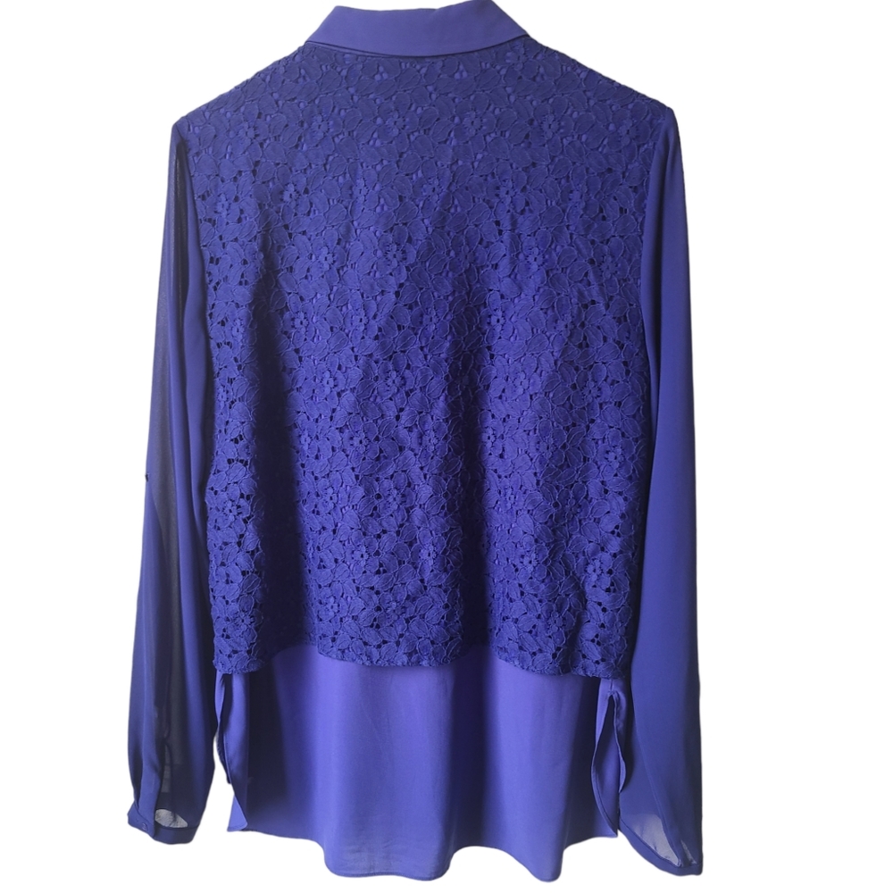 T Tahari Indigo Sheer Floral Embroidered Long Sleeve Button Up Top Size Medium - Picture 2 of 10